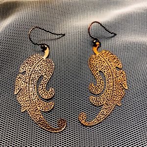 Bronze Filigree Leaf Feather Drop Earrings
